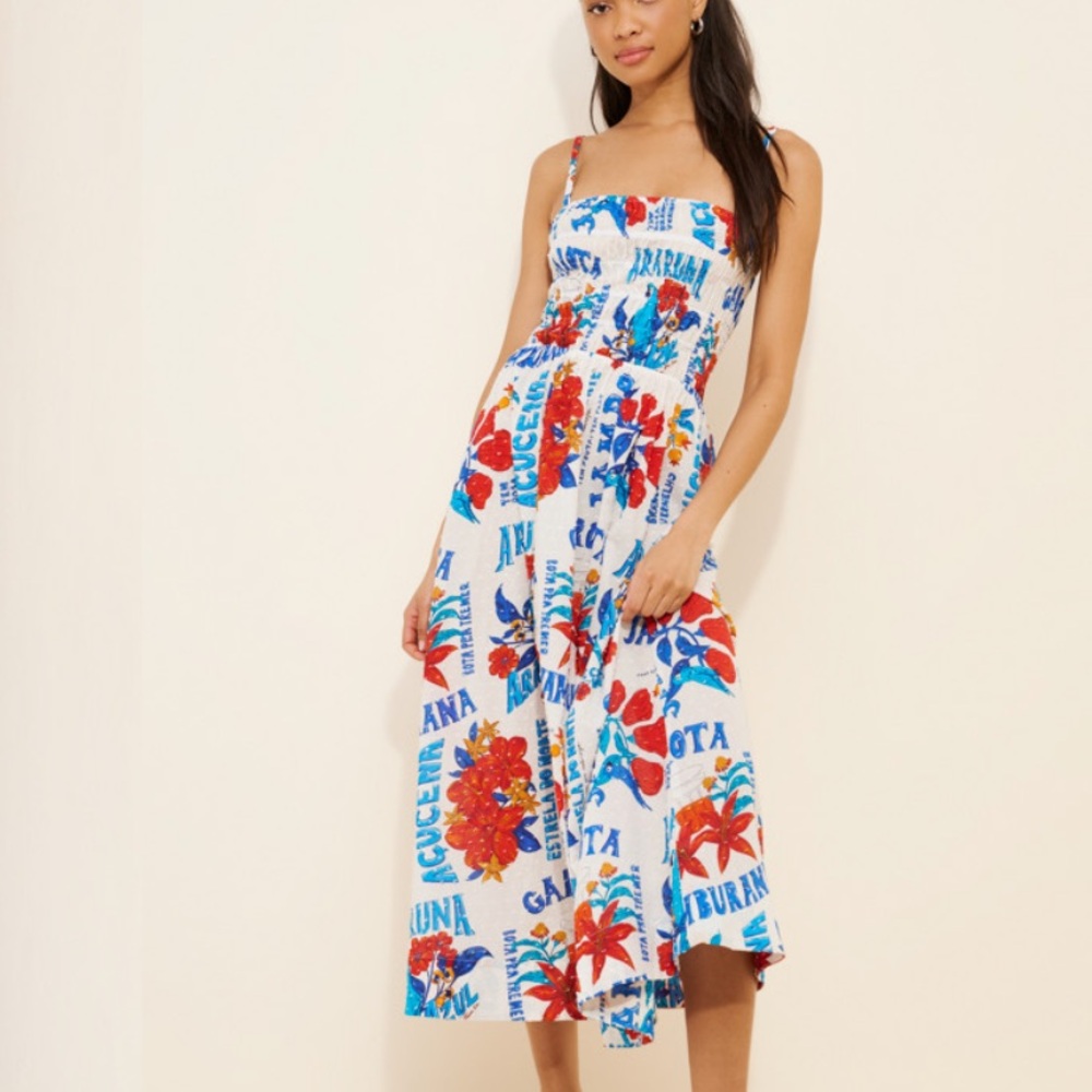 New FARM Rio Anthropologie Sleeveless Smocked Open Back Maxi Dress
